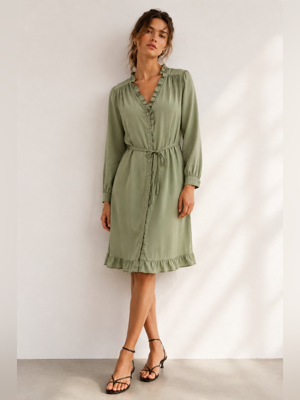 MSCH Copenhagen Sage Green Ruffle-Trim Shirt Dress – Size M